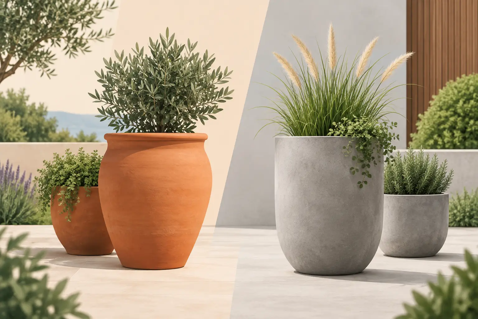 Terracotta oder Betonvasen für den Garten?