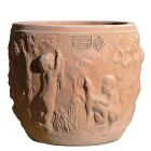 Impruneta Terracotta, Cachepot Bassorielvo, Pflanztopf, Blumentopf, rund, klein, verziert, grau, Übertopf, Terracottatopf