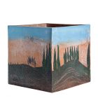 Impruneta Terracotta, Cubo con Cipressi e Cielo, Blumenkasten, quadratisch, verziert, bebildert, modern, Zypressendekor, Vierecktopf, Terracottatopf