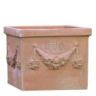 Impruneta Terracotta, Cassetta festonata, Blumenkasten, quadratisch, verziert, grau, Früchtegirlande, Vierecktopf, Terracottatopf