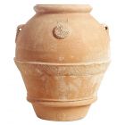 Impruneta Terracotta, Orcio, Krug, kleine Griffe, Dekorband, Blütenrosette