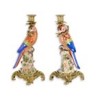 Paar Pagageienkerzenhalter aus Prozellan mit Bronzeanteilen, A PAIR OF BRONZE MOUNTED PORCELAIN PARROT CANDLE HOLDERS