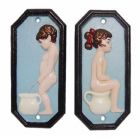 2er-Set Toiletten-Türschilder, A PAIR OF CAST IRON BOY AND GIRL TOILET PLAQUES - BLUE