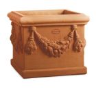 Impruneta Terracotta, Cassetta Quadrata Festonata, Blumenkasten, quadratisch, verziert, Früchtegirlande, Vierecktopf, Terracottatopf