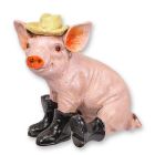 Gusseisenfigur Schwein mit Stiefel und Hut, Höhe 22 cm, mehrfarbig, A CAST IRON FIGURINE OF A PIG IN BOOTS