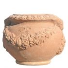 Impruneta Terracotta, Cachepot con Rose e Capre, Blumentopf, rund, verziert, Blütendekor, Rosendekor, Ziegenkopfdekor, Übertopf