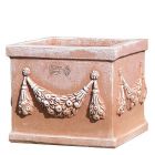Impruneta Terracotta, Cassetta festonata, Blumenkasten, quadratisch, verziert, grau, Früchtegirlande, Vierecktopf, Terracottatopf