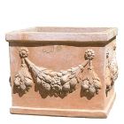 Impruneta Terracotta, Cassetta festonata, Blumenkasten, quadratisch, verziert, grau, Früchtegirlande, Vierecktopf, Terracottatopf