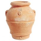 Impruneta Terracotta, Orcio, Krug, kleine Griffe, Blütenrosette, Blütendekor, Streifenverzierung