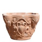 Impruneta Terracotta, Vasetto a capitello decorato, Blumentopf, verziert, eckige Form, klein, grau, Engeldekor, Ornamentdekor, Terracottatopf