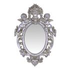 Wandspiegel, oval, silberfarben, aufwendig verziert, Puttenfiguren, Barockspiegel, Flurspiegel, Hängespiegel, , A RESIN WALL MIRROR FLANKED BY TWO PUTTI