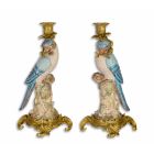 Papageienkerzenhalter aus Porzellan mit Bronzeanteilen, A PAIR OF BRONZE MOUNTED PORCELAIN PARROT CANDLE HOLDERS