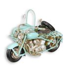 Miniaturmodell Motorrad mit Seitenwagen, hellblau, Blechmodell, Länge 20,2 cm, A TIN MODEL OF A MOTORCYCLE WITH SIDE CAR