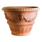 Impruneta Terracotta, Conca con Satiro, runder, verzierter Pflanztopf mit Girlande und Maske, Blumentopf, Becken
