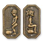 2er-Set Gusseisen-Wandschilder mit Mädchen und Junge, WC-Schilder, Höhe 17,2 cm, bronzefarbene Oberfläche, PAIR OF CAST IRON BOY AND GIRL TOILET PLAQUES -BRONZE LOOK