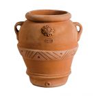 Impruneta Terracotta, Orcio Toscana Fascia Singola, Ölkrug, Krug, Griffe, Rosettendekor, Blütenrosette, Streifenverzierung