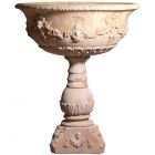 Impruneta Terracotta, Vasco Decorata, Säule mit Pflanzschale, rund, verziert, hoch, Girlandendekor, Puttendekor, Terracottasäule, Tonsäule, Tontopf