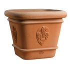 Impruneta Terracotta, Vaso Conico Quadrato Giglio, Blumenkasten, quadratisch, verziert, Liliendekor, Rosentopf, Vierecktopf, Terracottatopf