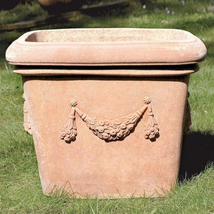 Impruneta Terracotta, Tinozza Festonata, Blumenkasten, verschiedene Formen, quadratisch, rechteckig, länglich, verziert, Früchtegirlande, Vierecktopf, Rechtecktopf, Terracottatopf