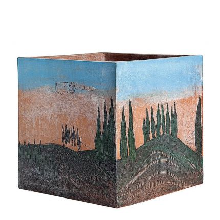 Impruneta Terracotta, Cubo con Cipressi e Cielo, Blumenkasten, quadratisch, verziert, bebildert, modern, Zypressendekor, Vierecktopf, Terracottatopf