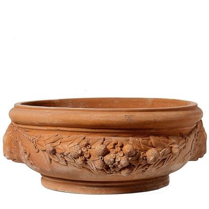 Impruneta Terracotta, Bacile con Leoni, Pflanzschale, Blumenschale, Terracottaschale, rund, verziert, gesäumt, Girlandendekor, Löwenkopfdekor, Terracottatopf