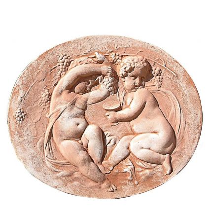 Impruneta Terracotta, Pannello ovale due "Bacchini", ovales Wandbild zwei Kinder, Dekoration, Relief