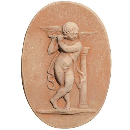 Impruneta Terracotta, Angelo con Flauto in Ovale, ovales Wandbild Engel mit Flöte, Dekoration, Relief