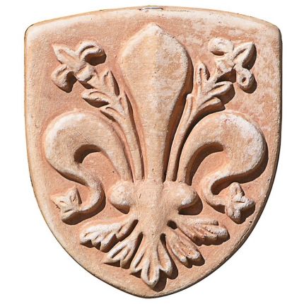 Impruneta Terracotta, Giglio di Firenze in scudo, Schild mit Florentiner Lilie, Reliefwandbild, Terrakottadekoration, Wanddekoration, Gartendekoration