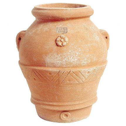 Impruneta Terracotta, Orcio, Krug, kleine Griffe, Blütenrosette, Blütendekor, Streifenverzierung
