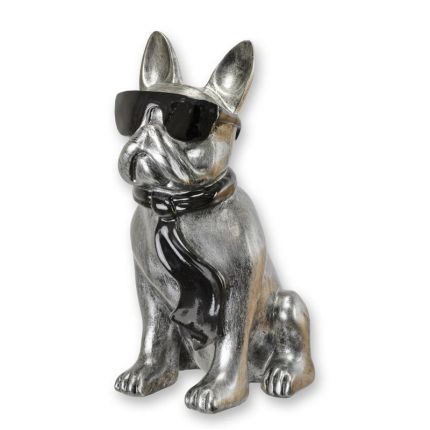 Bulldogge mit Sonnenbrille und Krawatte - silberfarben-schwarz - Höhe 27,6 cm - Polyresin