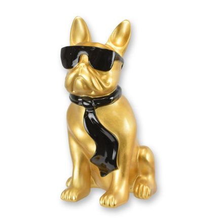 Bulldogge mit Sonnenbrille und Krawatte - goldfarben-schwarz - Höhe 27,6 cm - Polyresin