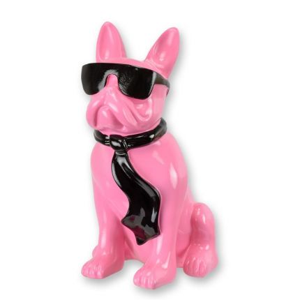 Bulldogge mit Sonnenbrille und Krawatte - pink-schwarz - Höhe 27,6 cm - Polyresin