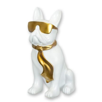 Bulldogge mit Sonnenbrille und Krawatte - weiß-goldfarben - Höhe 27,6 cm - Polyresin