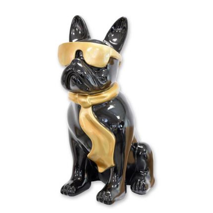 Bulldogge mit Sonnenbrille und Krawatte - schwarz-goldfarben - Höhe 59,6 cm - Polyresin