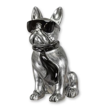 Bulldogge - H. 40 cm - silber/schwarz - Polyresin