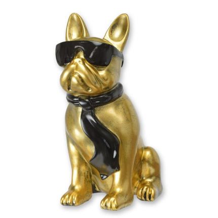 Bulldogge mit Sonnenbrille und Krawatte - H. 40 cm - Polyresin - goldfarben/schwarz