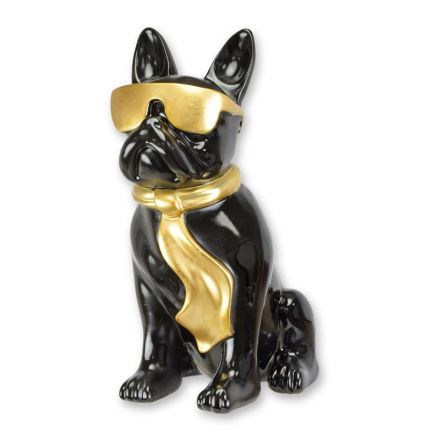 Bulldogge mit Sonnenbrille und Krawatte - H. 40 cm - schwarz/goldfarben