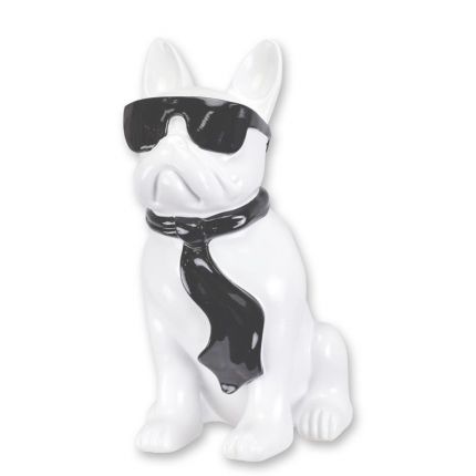 Bulldogge mit Sonnenbrille und Krawatte - H. 40 cm - weiß/schwarz - Polyresin