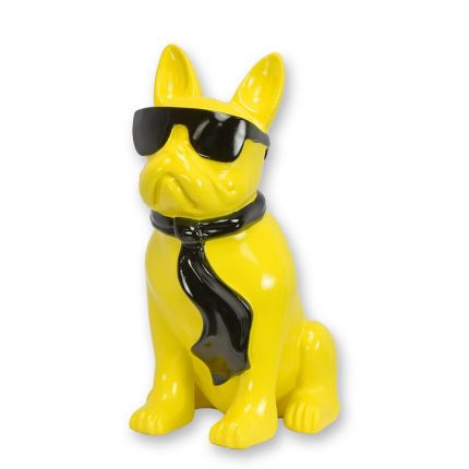 A RESIN BULLDOG WITH SUNGLASSES AND TIE - YELLOW