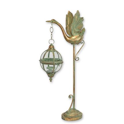 Standlaterne mit Schwanenfigur und Ständer - H. 103,5 cm - Polyresin + Blech