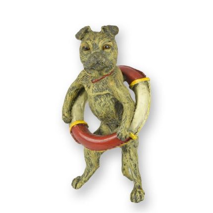 A BRONZE SCULPTURE OF A PUG WITH LIFEBUOY