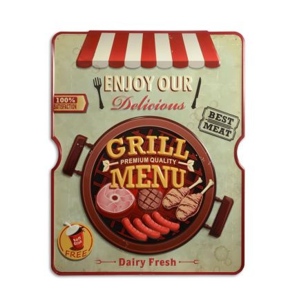 #AN EMBOSSED TIN PLATE - GRILL MENU