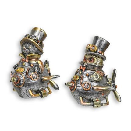 2er-Set Steampunk-Figuren Katze und Eule in Flugzeug - Polyresin