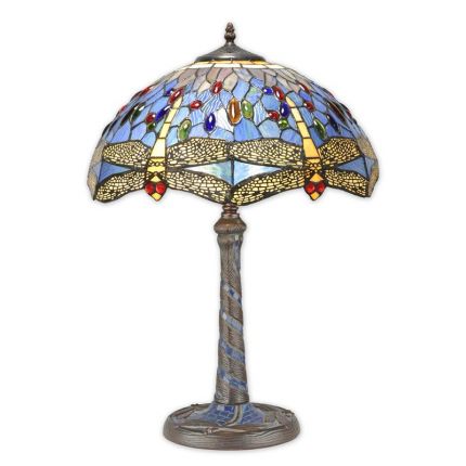 Tiffany-Tischlampe - H. 59 cm - rund - blau - Libellendekor