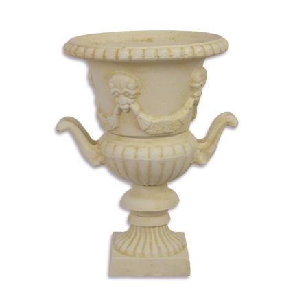 #A CAST IRON TWO-HANDLED URN, WHITE