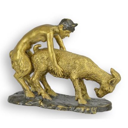 Kleine Bronzefigur Faunus und Ziege - H. 7 cm - Aktdarstellung