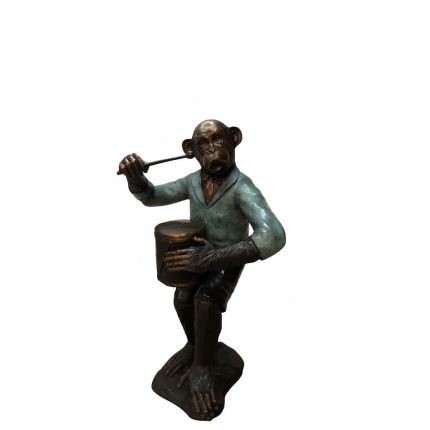 Bronze Figur, Affe mit Trommel, Schimpanse, Tierfigur, Figur, Bronzefigur