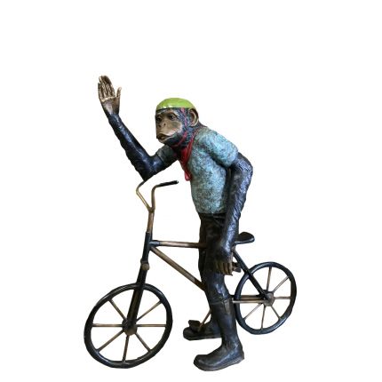 Bronzefigur Affe auf Fahrrad, Schimpanse, Affenfigur, Bronzetierfigur, Bronzeaffe, Bronze