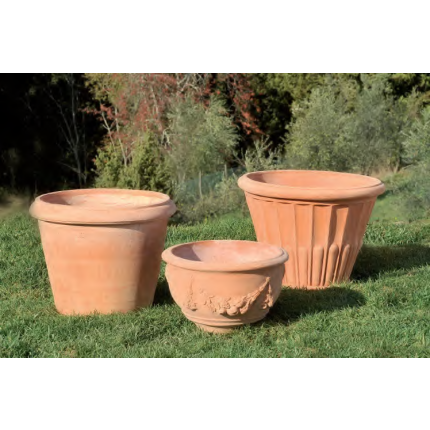 Impruneta Terracotta, Vaso Camelia, runder Pflanztopf (linker Pflanztopf)