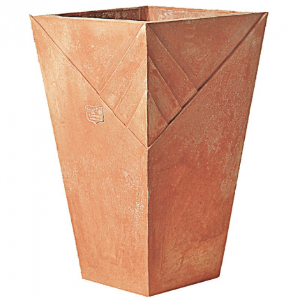 Impruneta Terracotta, Freccia, Pflanzvase, quadratisch, hoch, verziert, grau, Streifendekor, Bodenvase, Vierecktopf, Terracottatopf